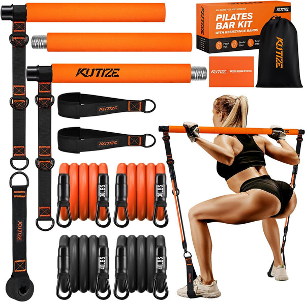 Pilates Bar Kit contents: adjustable bar sections, resistance bands, foot straps, handles and carry bag