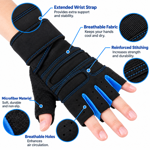 Workout glove features: extended wrist strap, breathable fabric, reinforced stitching and microfiber palm