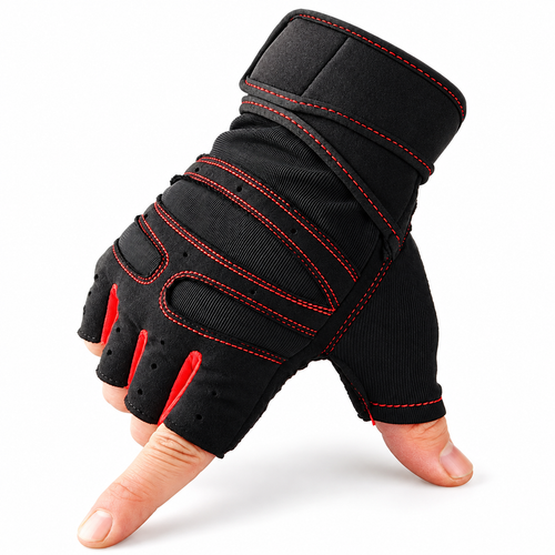 Half-finger workout glove with extended wrist wrap, black with red stitching