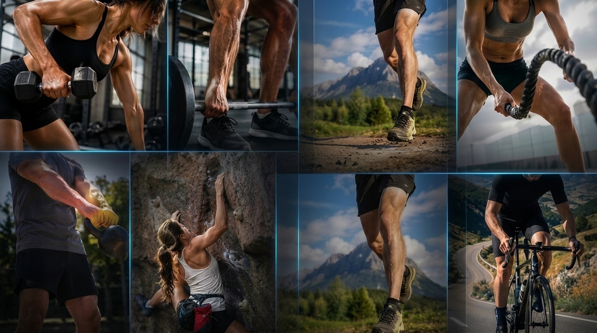 Athletes training with dumbbells, barbells, battle ropes, running and cycling