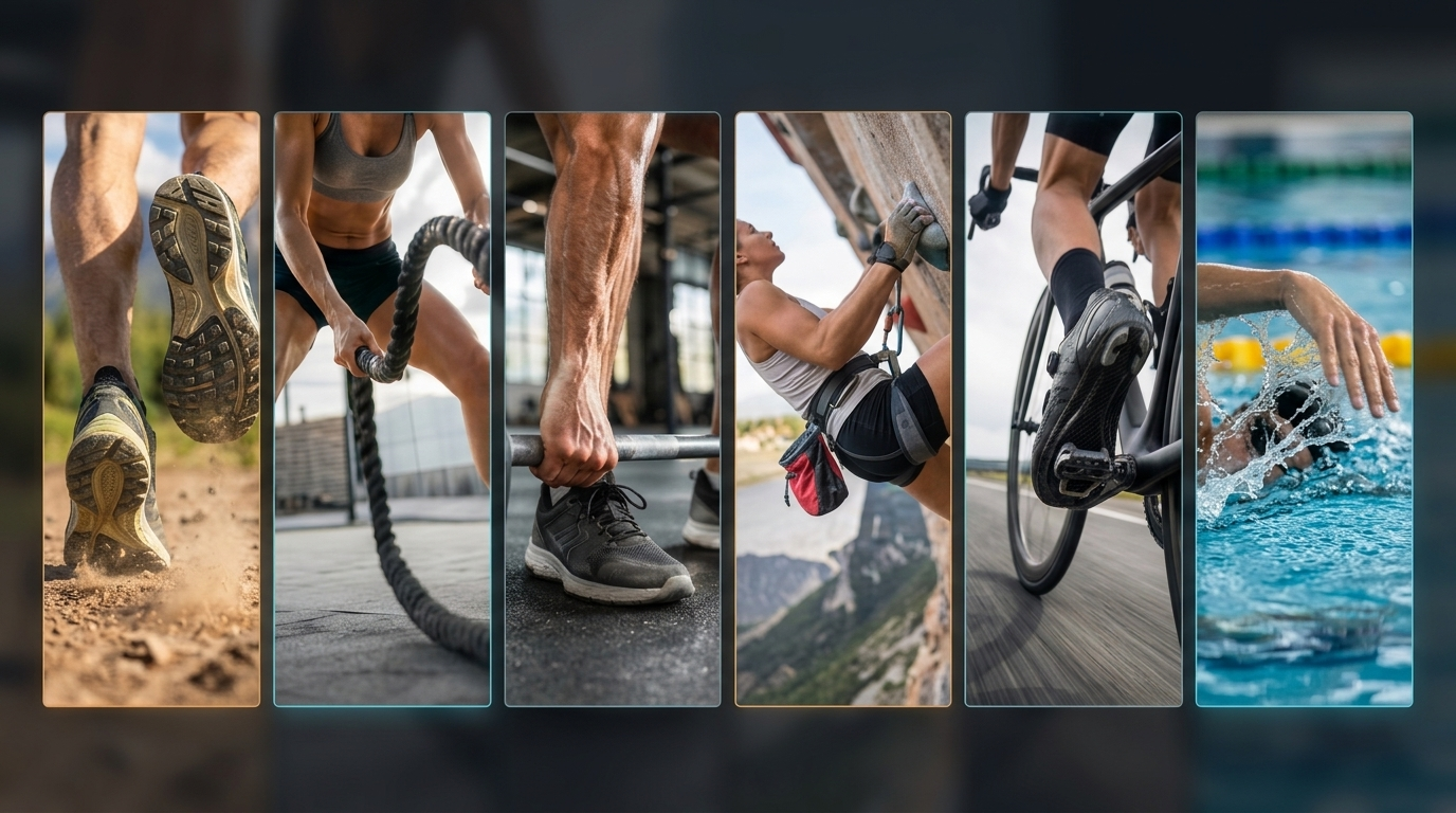 Runner, battle ropes, barbell lift, climbing, cycling and swimming in a panel collage